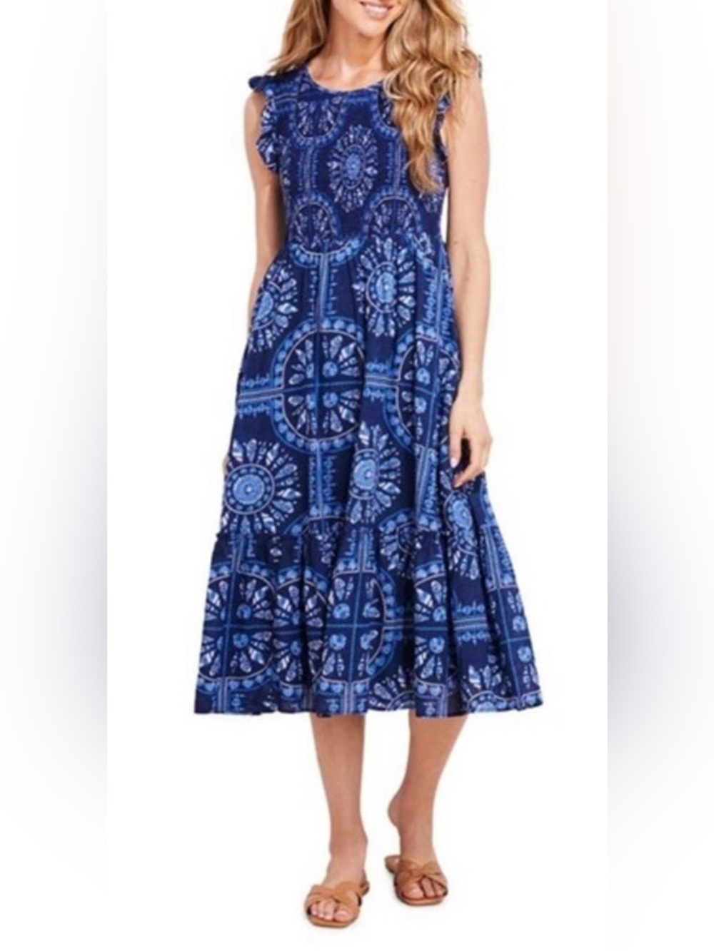 Vineyard Vines Women's XS Blue Scarf Print Smocked V-Neck Midi Dress Pockets